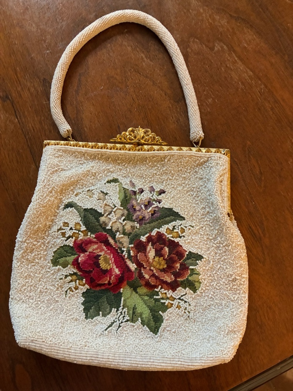 Vintage Cream Beaded Shoulder Bag with Red and Green Floral Motif